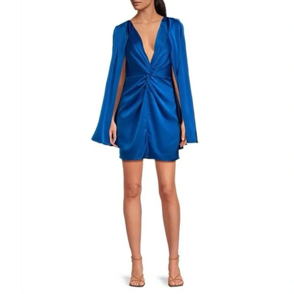 NWT Badgley Mischka Nora Satin V-Neck Long Bell Sleeve Twist Front Mini Dress - Picture 1 of 11